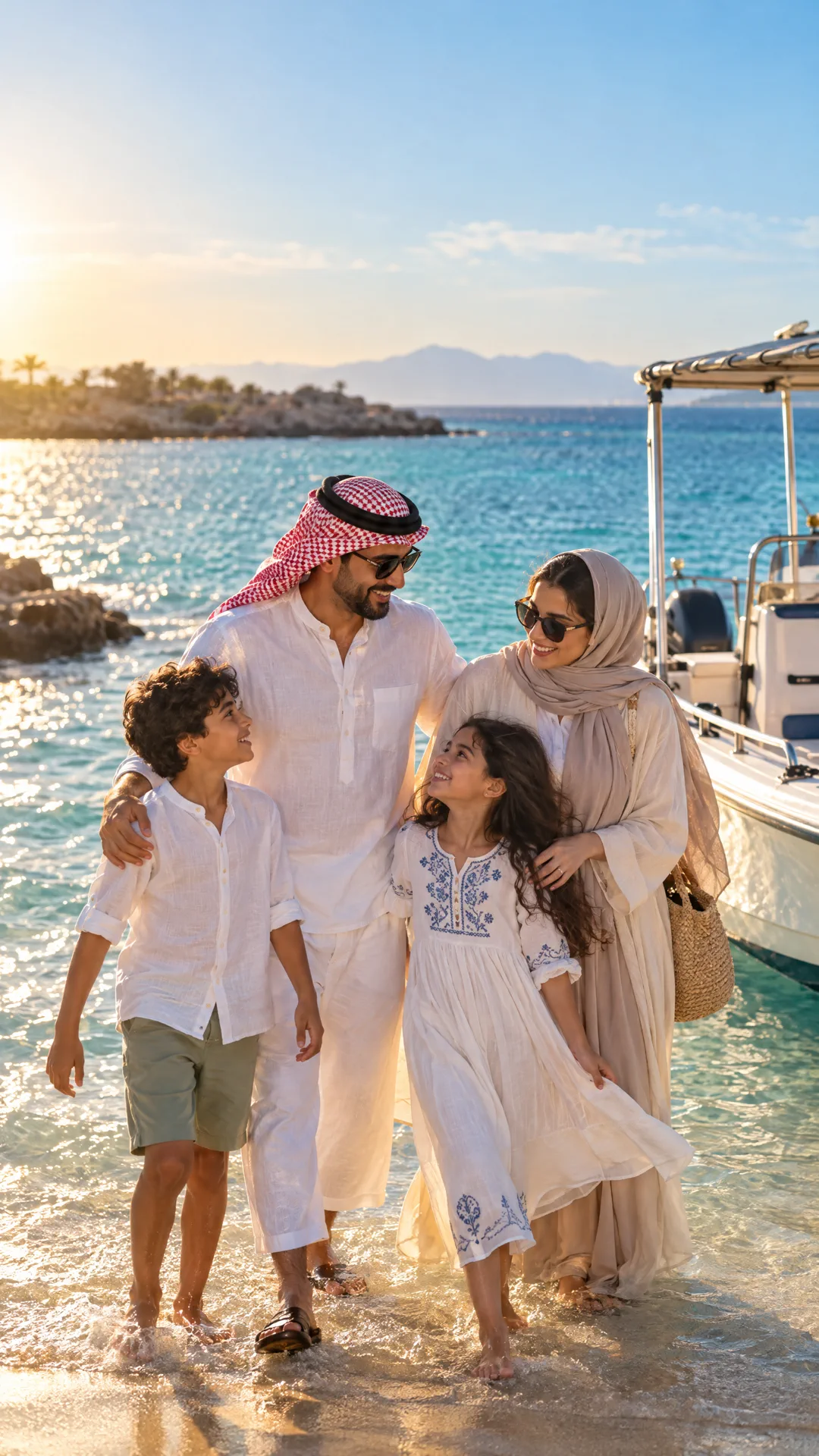 عائلة سعيدة على الشاطئ، صورة توضيحية لرحلة عائلية في ينبع